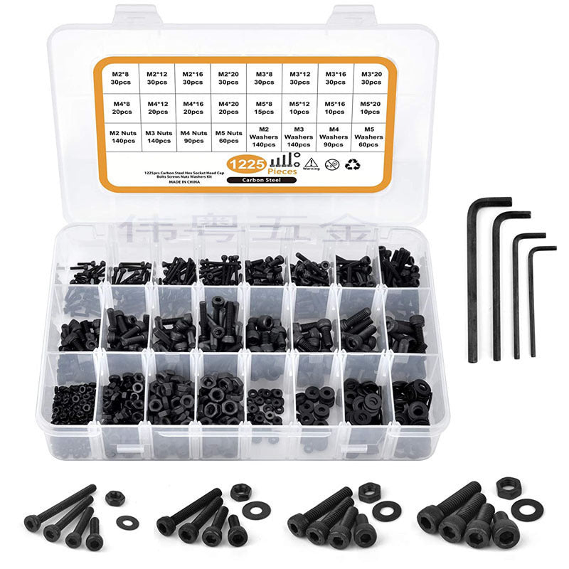 1225pcs M2/M3/M4/M5 Stainless Steel Button Head Socket Cap Metric Screws Bolts Washers Nuts Hardware Assortment Kit with Hex Wrenches - ChubbyChunk