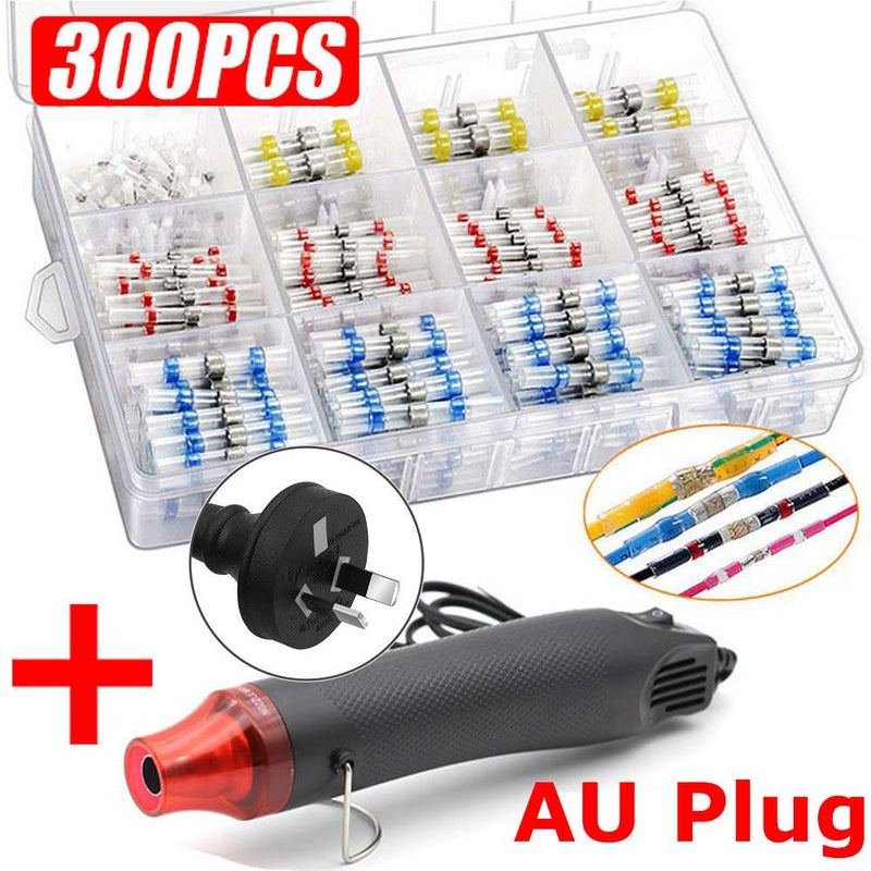 300PCS Waterproof Heat Shrink Butt Crimp Terminals Solder Seal Electrical Wire Cable Splice Terminal Kit with 300W Hot Air Gun - ChubbyChunk
