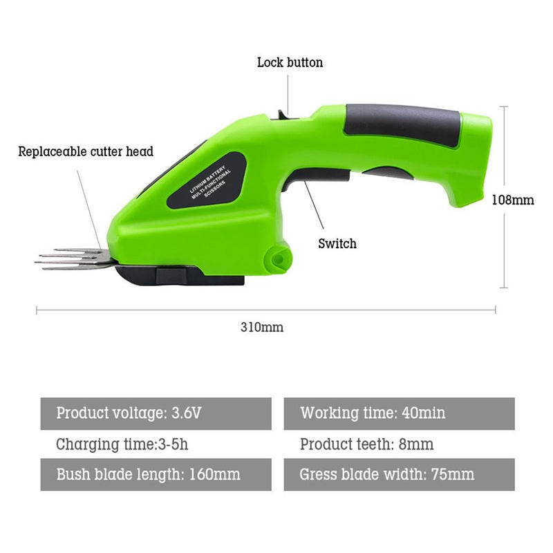 3.6V Garden Electric Trimmer Pruning Shears Lawn Hedge Rechargeable Cordless Fence Scissors Weeder Grass Weeding Mower Tool - ChubbyChunk