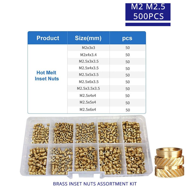 M2 M2.5 M3 M4 M5 M6 Brass Heat Set Insert Nut Hot Melt Inset Thread Copper Knurled Embedment Assortment Kit Set - ChubbyChunk