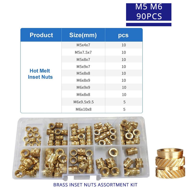 M2 M2.5 M3 M4 M5 M6 Brass Heat Set Insert Nut Hot Melt Inset Thread Copper Knurled Embedment Assortment Kit Set - ChubbyChunk
